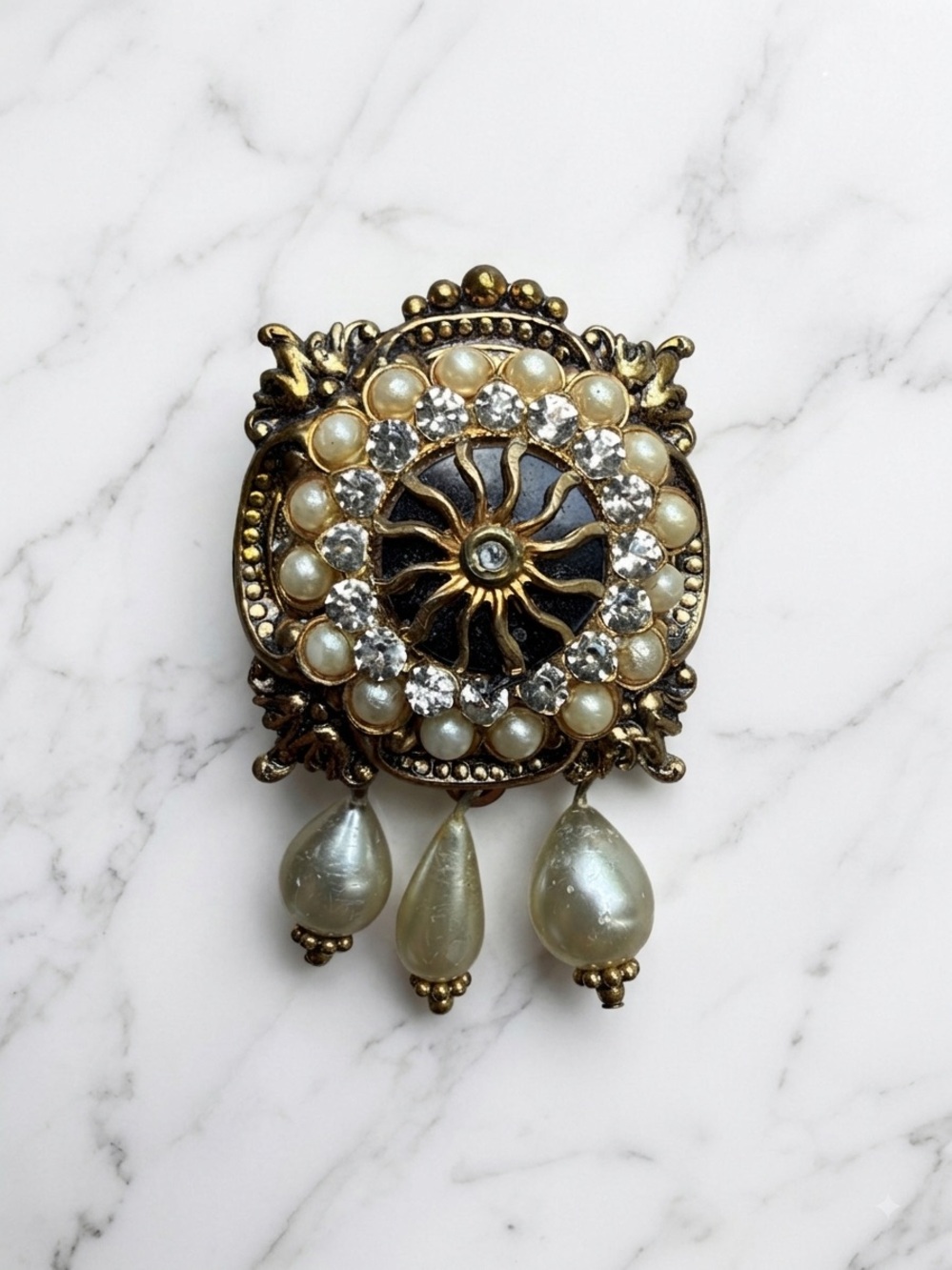 Vintage Etruscan Revival Sunburst Brooch Pendant Faux Pearl Dangles Rhinestone